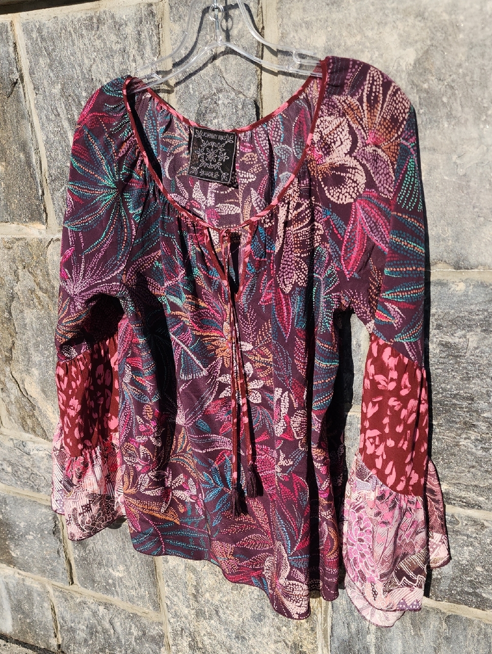 Johnny Was Silk Multicolor Floral Tie-Front Blouse Bell Sleeves
